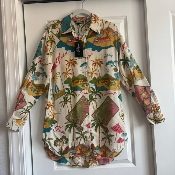 NWT Oversized Resort Wear Novelty Print Tunic Shirt Dress Cover Up S Florida - Picture 1 of 14